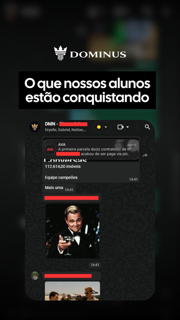 Print de conversa no WhatsApp: R$ 112.614 em imóveis e equipe campeã